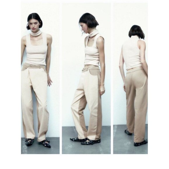 Zara Women's Contrasting Trim Crossover Waist Beige Khaki Pants Size M - Picture 2 of 6